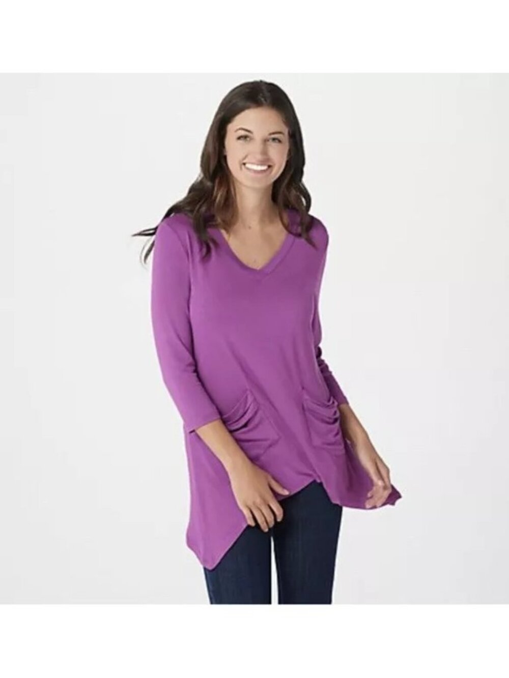 LOGO by Lori Goldstein Tunic Top Large V-Neck 3/4 Sleeve Tee Asymmetrical Purple